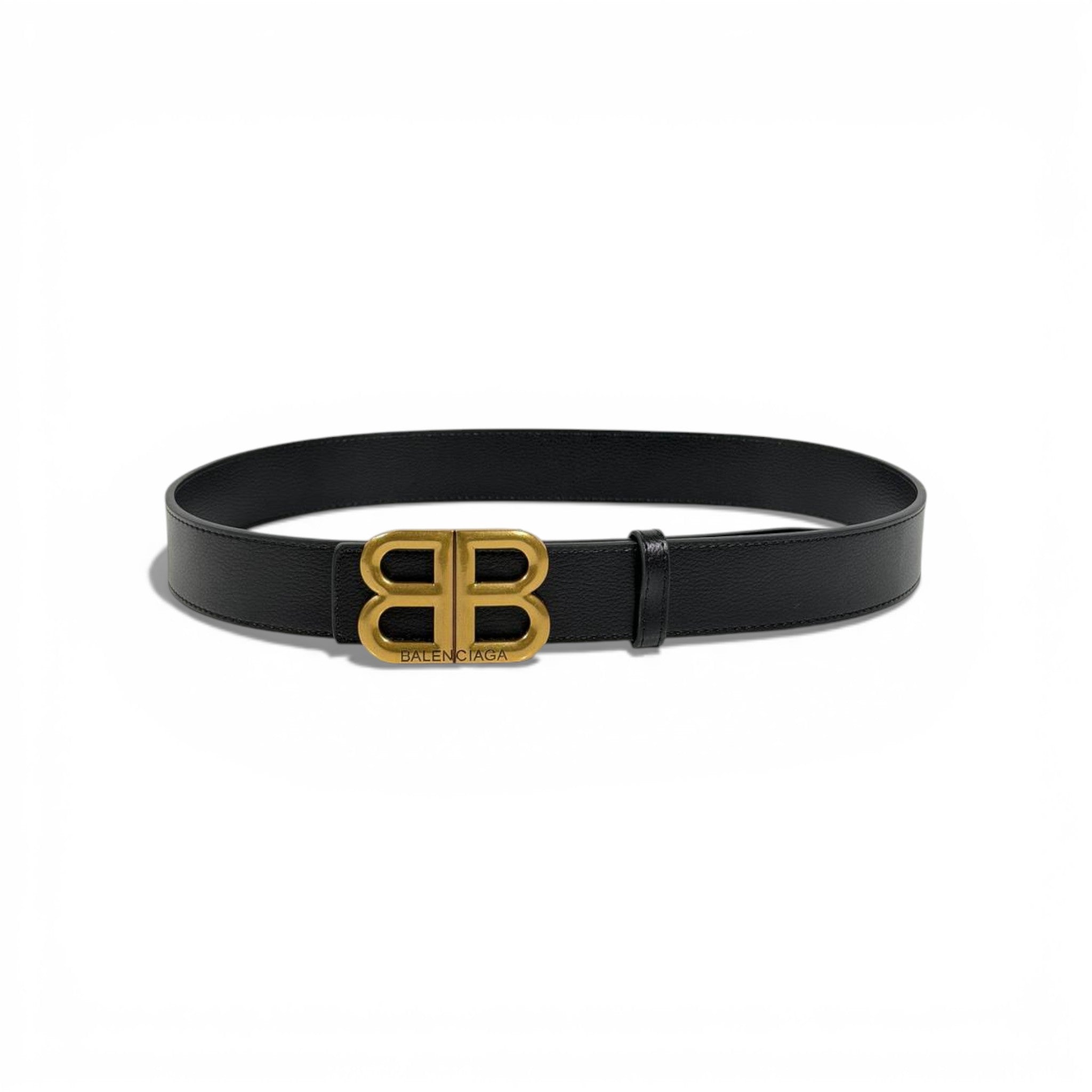 ✨ Balenciaga Black Leather Belt Gold BB Logo Buckle 115cm Luxury Men’s Accessory-115cm
