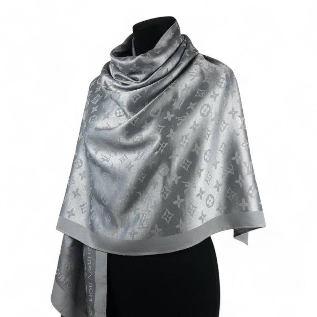 🩶 Louis Vuitton Silver Double-Face Monogram Scarf – Elegant Reversible Shine