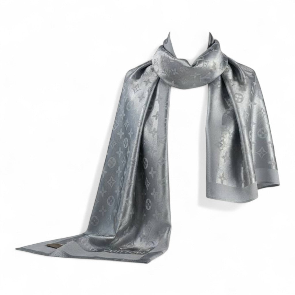 🩶 Louis Vuitton Silver Double-Face Monogram Scarf – Elegant Reversible Shine