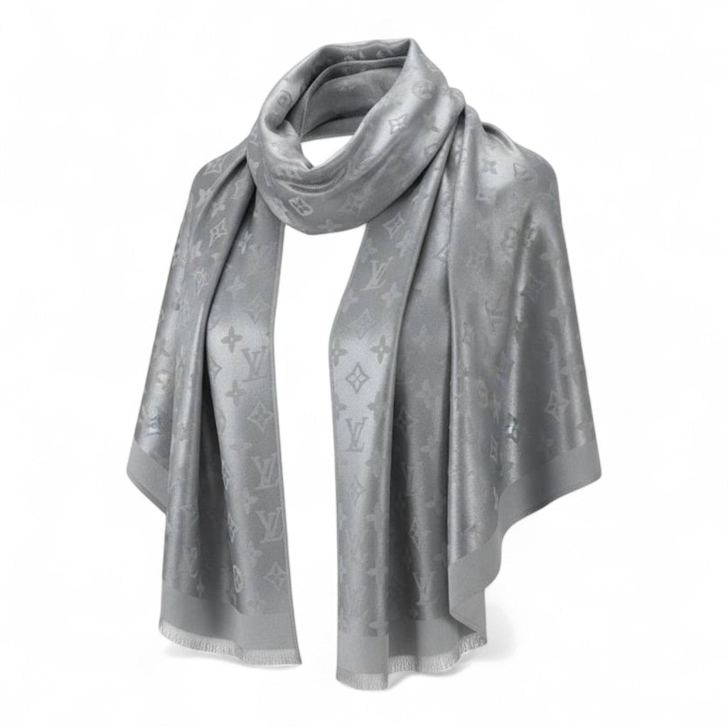 🩶 Louis Vuitton Silver Double-Face Monogram Scarf – Elegant Reversible Shine