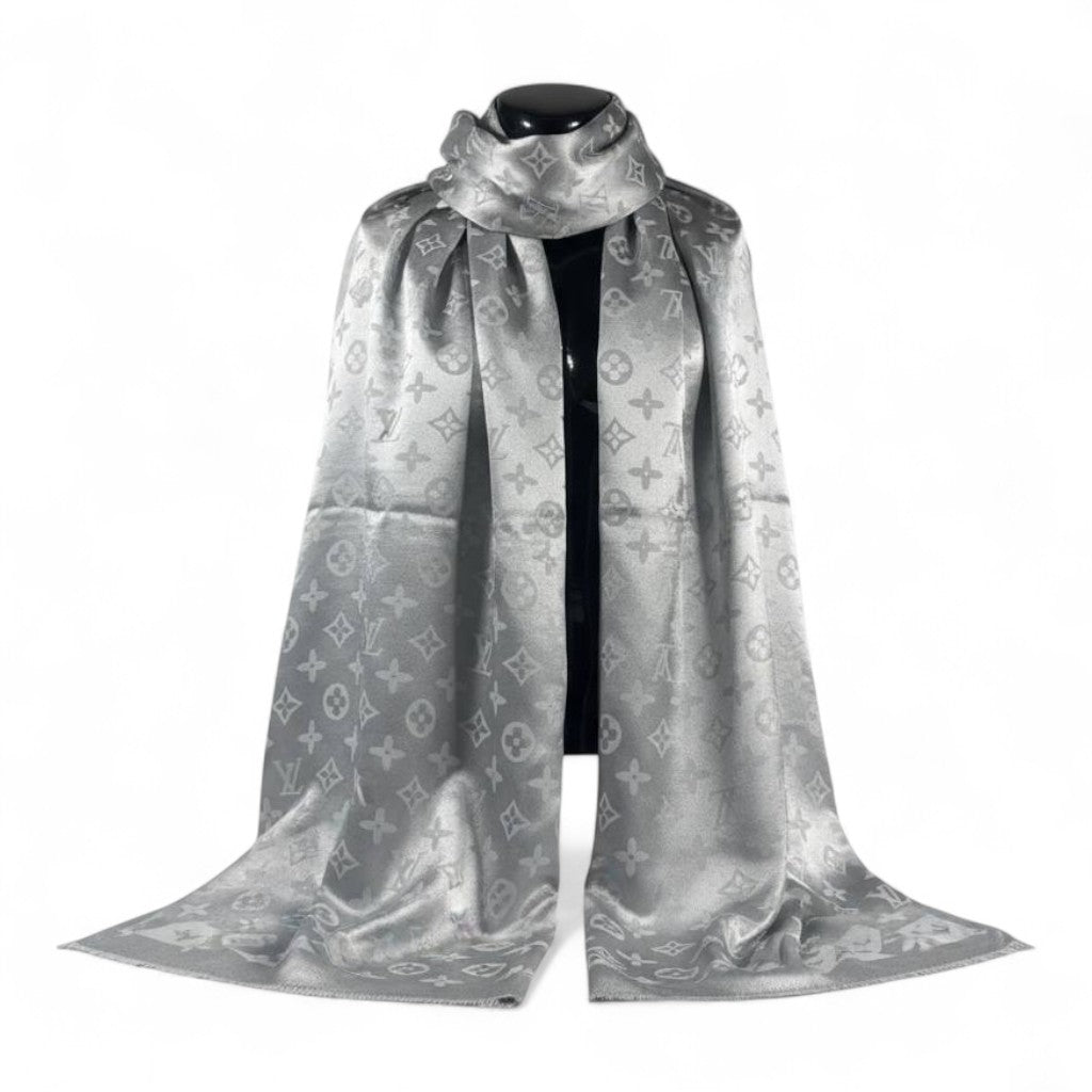 🩶 Louis Vuitton Silver Double-Face Monogram Scarf – Elegant Reversible Shine