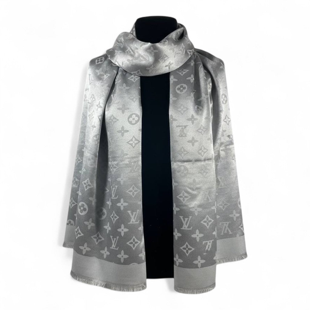 🩶 Louis Vuitton Silver Double-Face Monogram Scarf – Elegant Reversible Shine