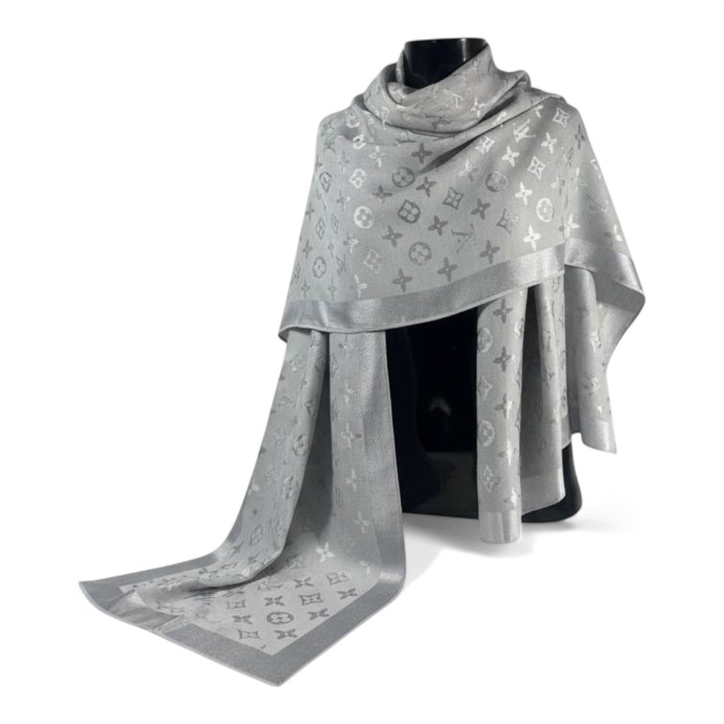 🩶 Louis Vuitton Silver Double-Face Monogram Scarf – Elegant Reversible Shine