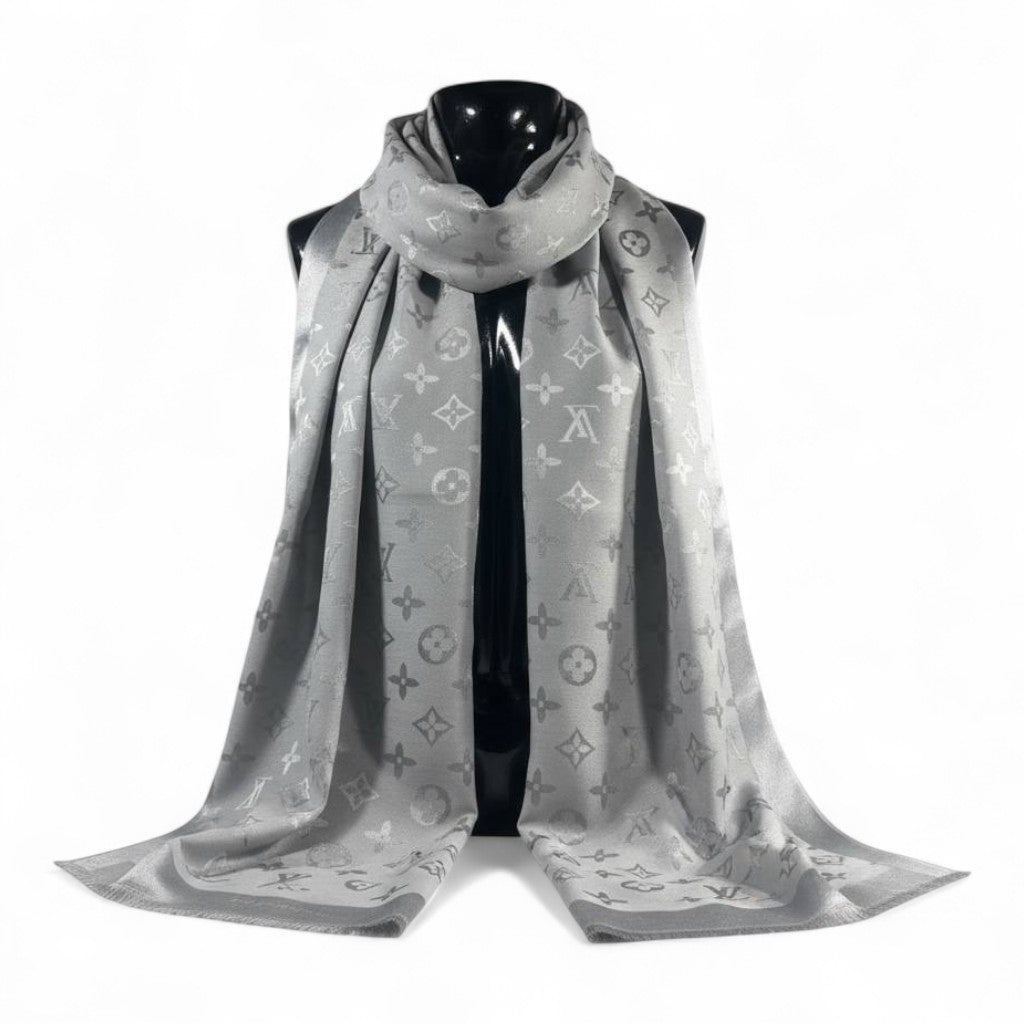 🩶 Louis Vuitton Silver Double-Face Monogram Scarf – Elegant Reversible Shine
