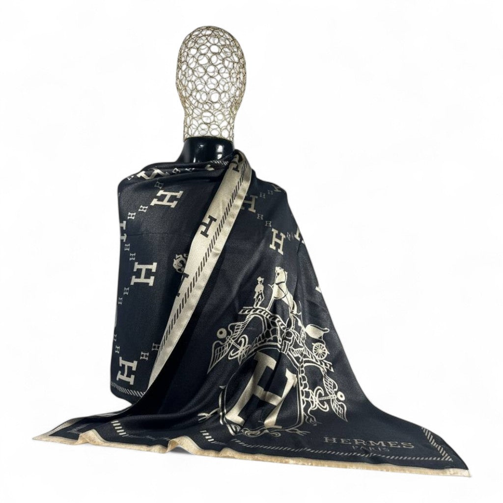🖤🤍 Hermès Double-Face Scarf – Noir & Ivory Prestige Edition