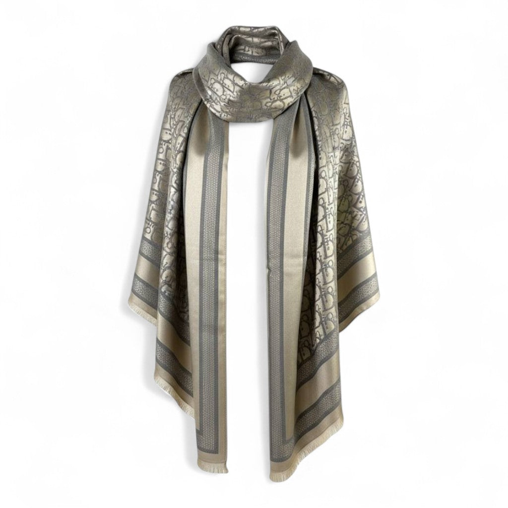 🤍🩶 Dior Double-Face Scarf – Grey & Beige Oblique Edition