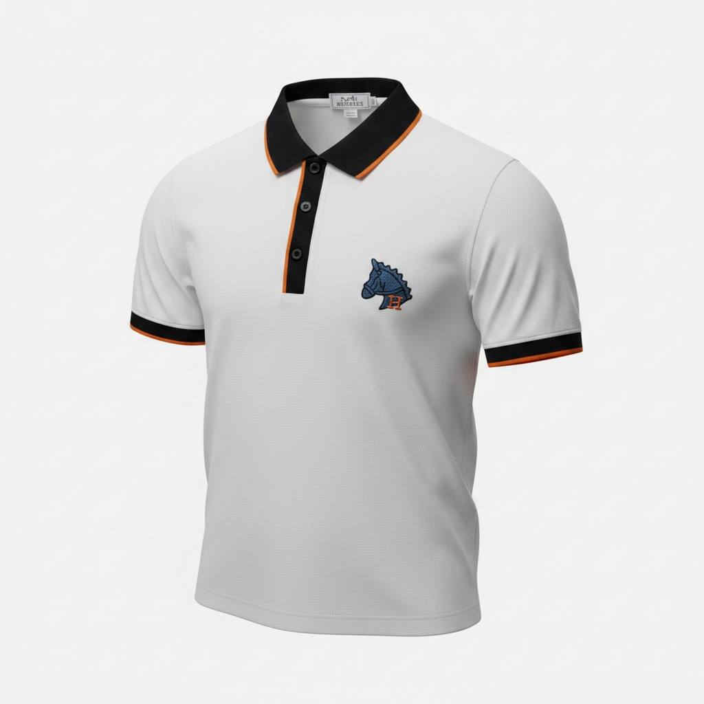 🤍 Hermès Style White Polo – Contrast Collar Luxury Essential 🖤🧡