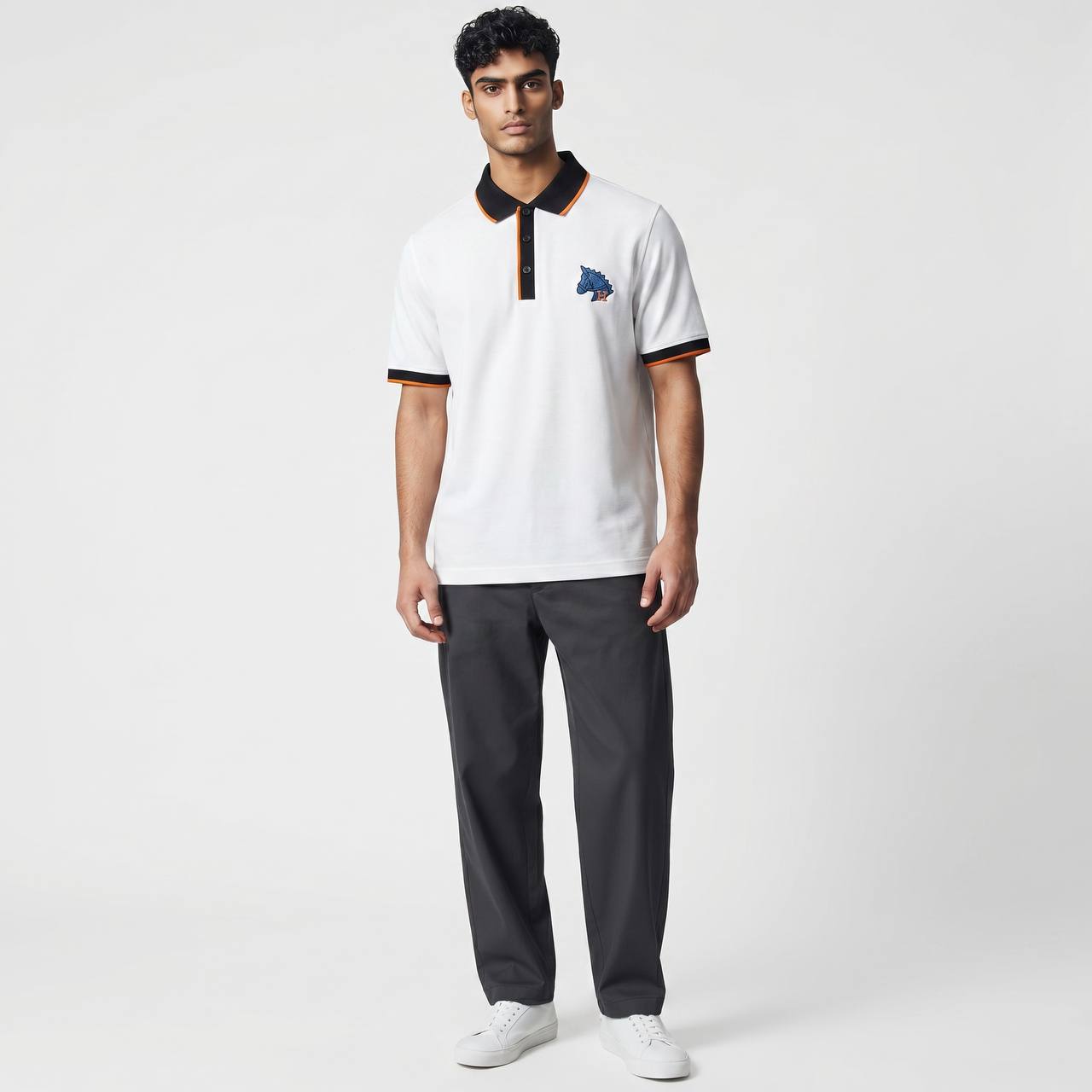 🤍 Hermès Style White Polo – Contrast Collar Luxury Essential 🖤🧡