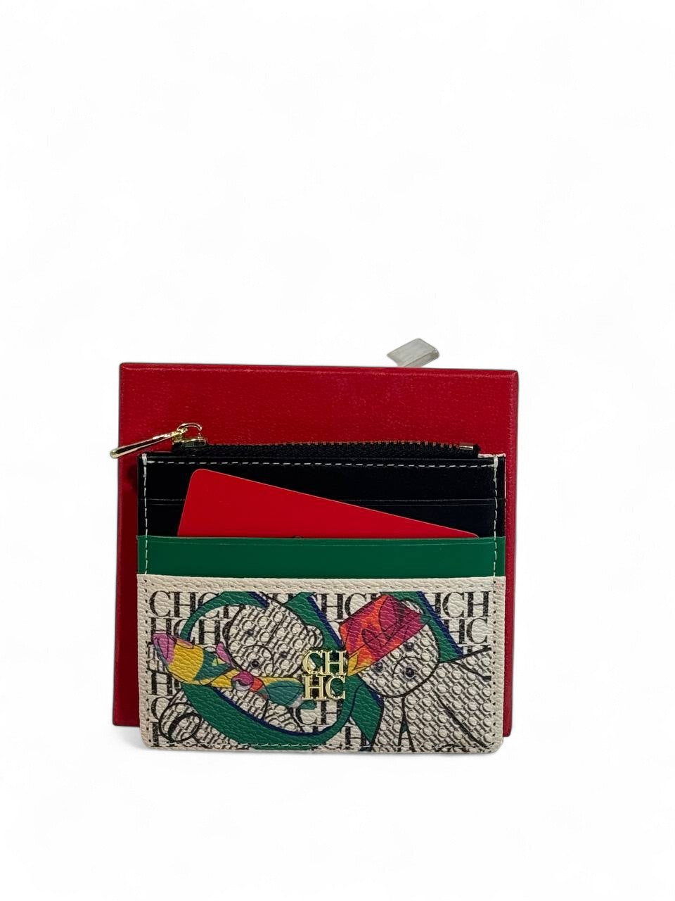 🌸 Carolina Herrera Multi-Color CH Logo Card Holder – Artistic Elegance, Vibrant Luxury 💼