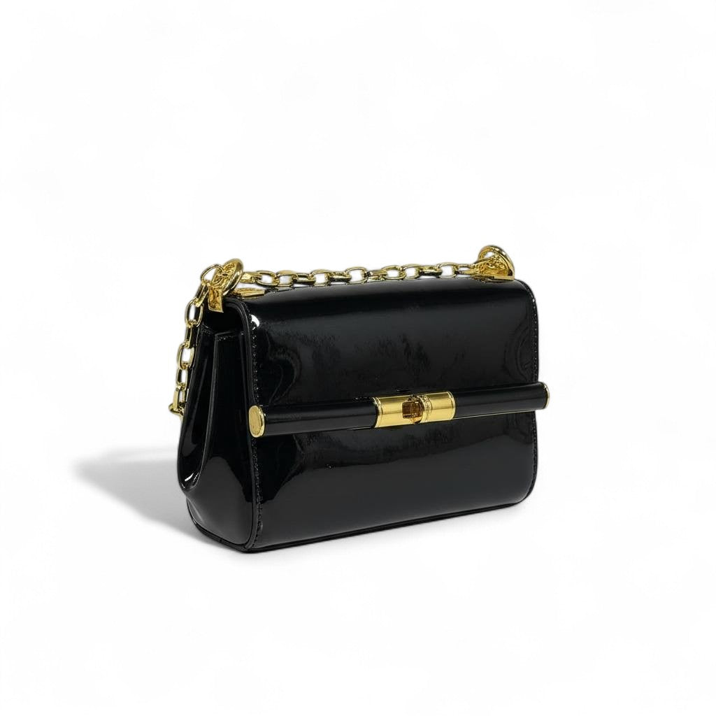 Dolce & Gabbana Black Patent Leather Chain Bag 🖤 | Classic Italian Elegance with Golden Accents