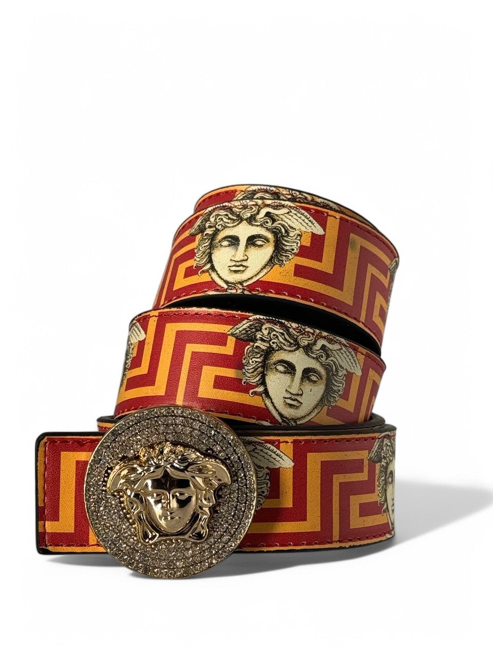 Versace Medusa Head Belt – Red & Gold Baroque Leather with Crystal Buckle