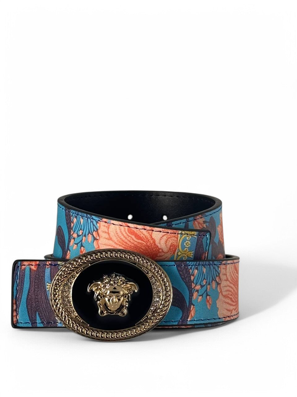 Versace Floral Print Belt with Gold Medusa Oval Buckle – Limited Edition