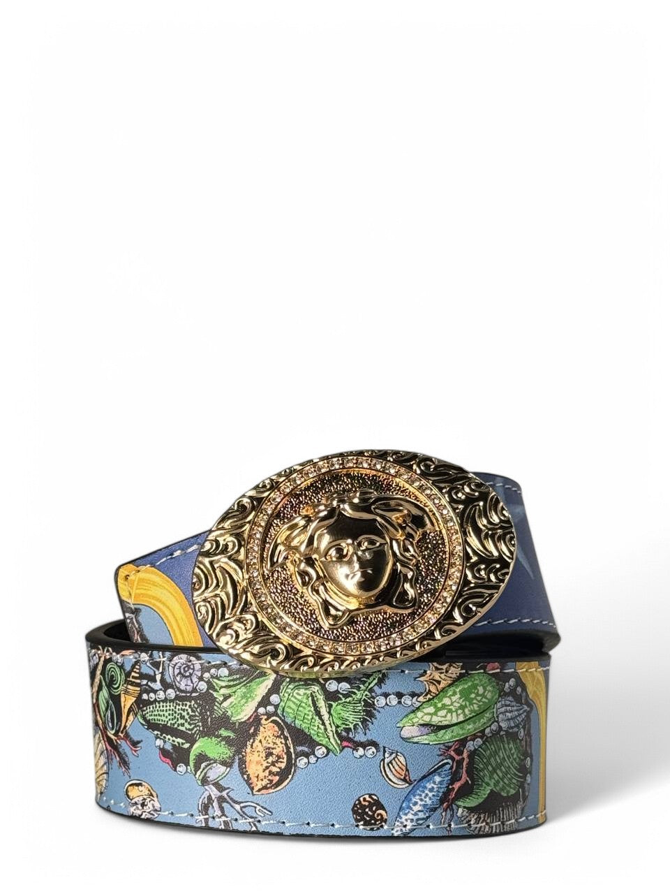 Versace Baroque Medusa Buckle Belt – Ocean Blue with Nature-Inspired Print