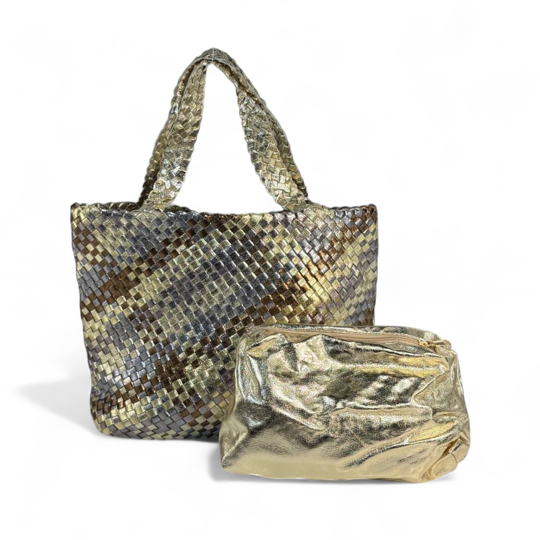 ✨ Bottega Veneta-Inspired Double-Face Metallic Intrecciato Tote Set — Gold & Bronze Shimmer ✨
