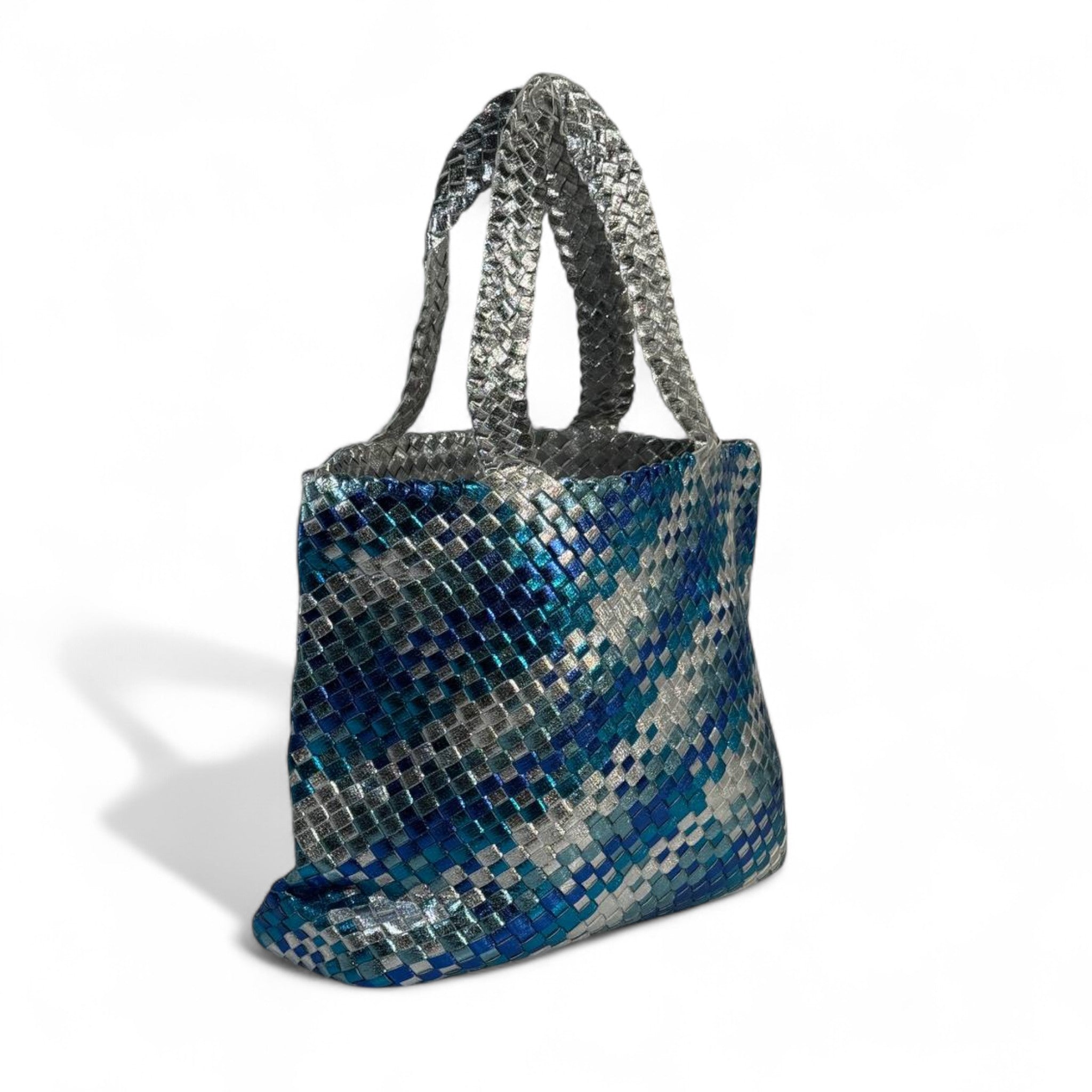 💙 BOTTEGA VENETA-INSPIRED Double-Face Intrecciato Tote Set — Blue × Silver Glow Edition 💙