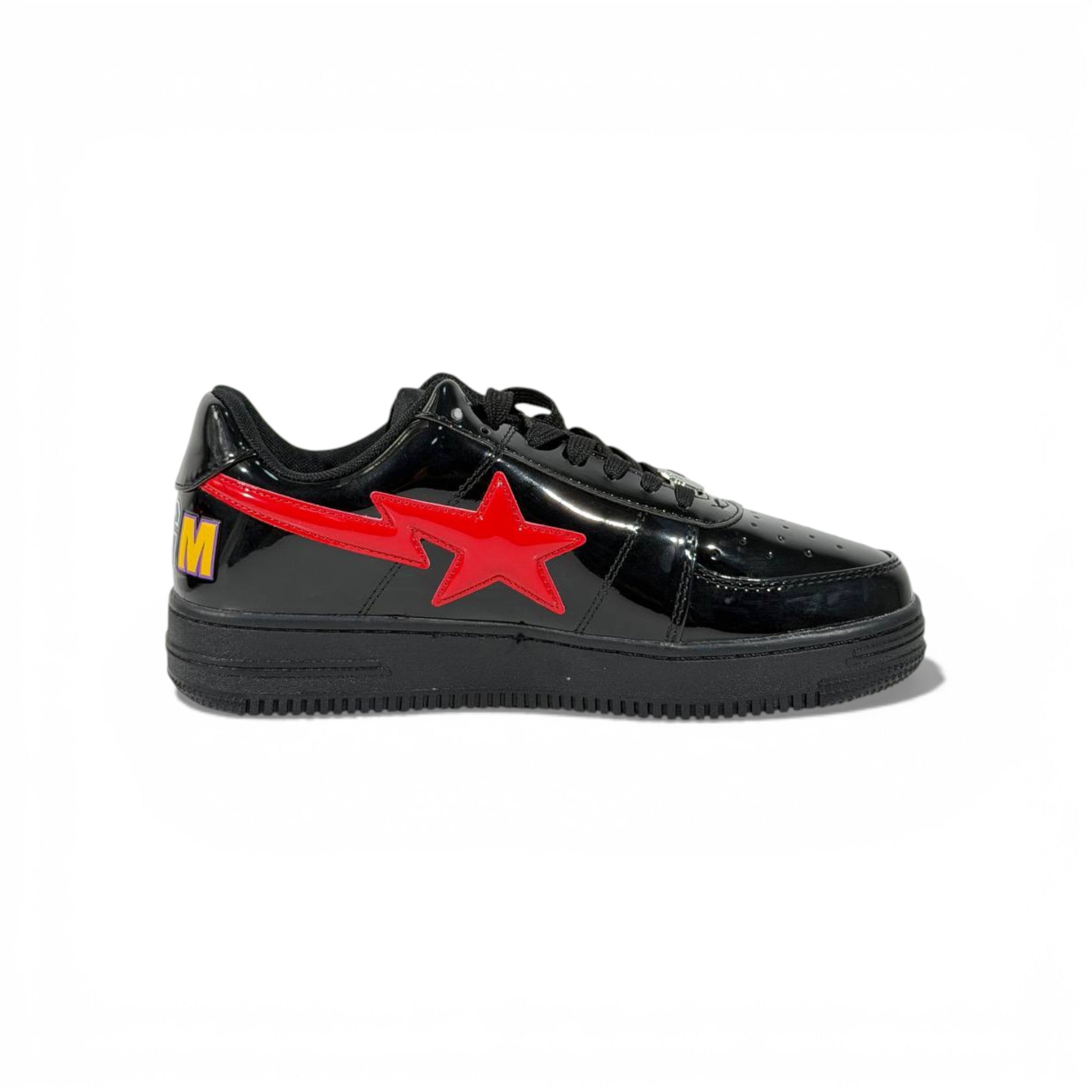 BAPE-Style Black Sneakers with Red Star Graphic – Streetwear Statement Shoes 🔥👟