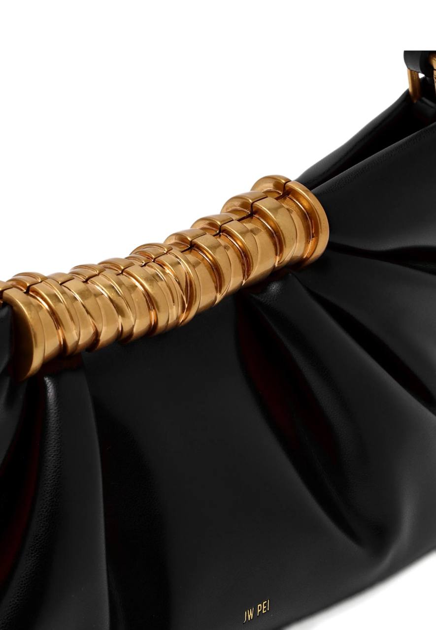 JW Pei Black Pleated Shoulder Bag with Gold Handle – Women’s Designer Handbag ✨