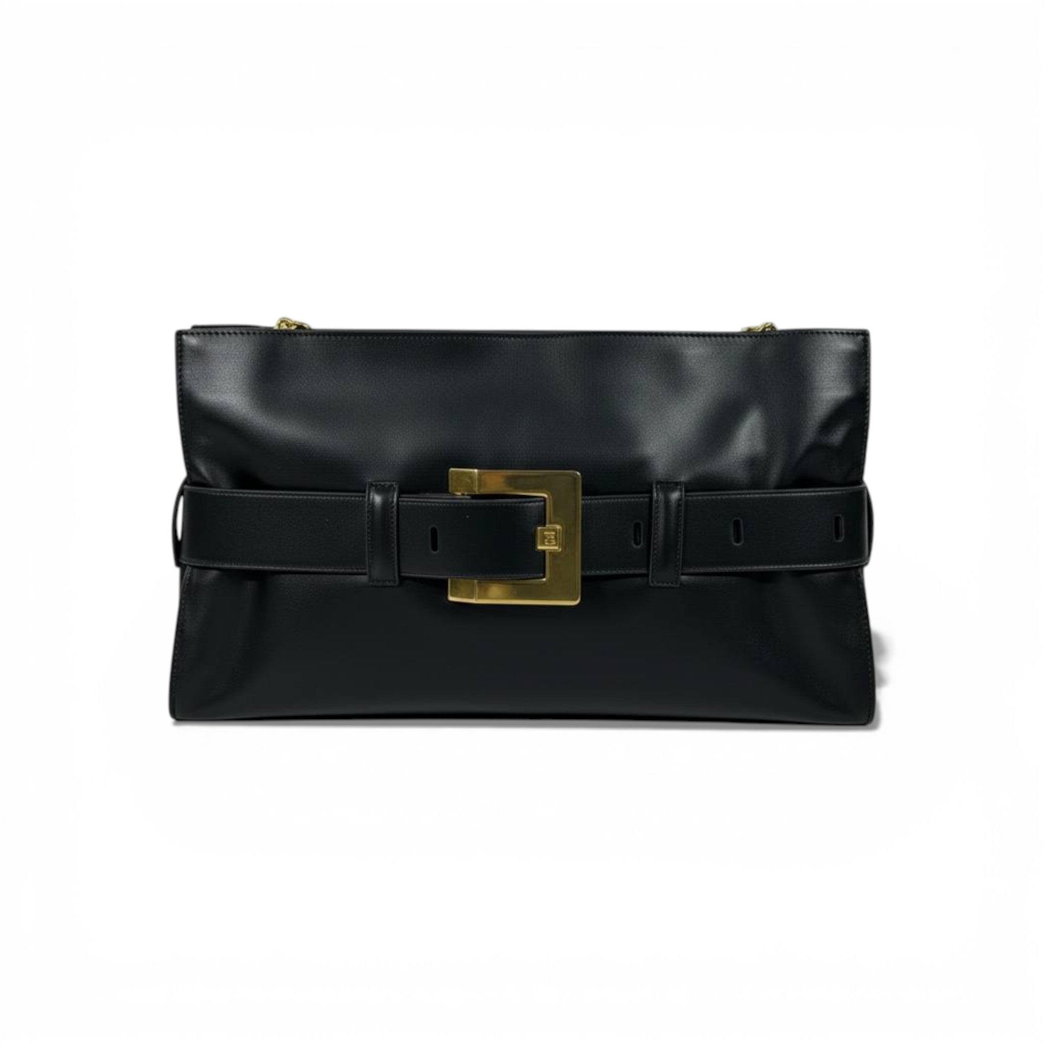 Balmain Luxury Belted Shoulder Bag for Women – Black Gold Buckle Designer Handbag