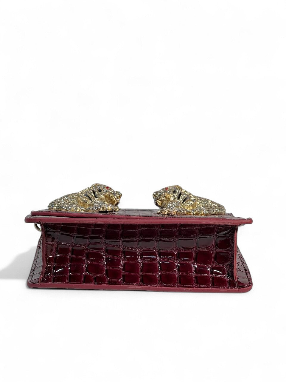 Roberto Cavalli Burgundy Croc-Effect Bag with Crystal Tiger Handle 🐅✨ | Italian Glamour & Fierce Elegance