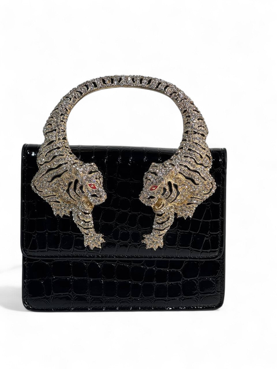 Roberto Cavalli Black Croc-Effect Bag with Crystal Tiger Handle 🐅🖤 | Fierce Italian Luxury & Power