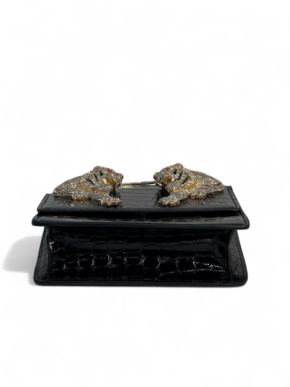 Roberto Cavalli Black Croc-Effect Bag with Crystal Tiger Handle 🐅🖤 | Fierce Italian Luxury & Power