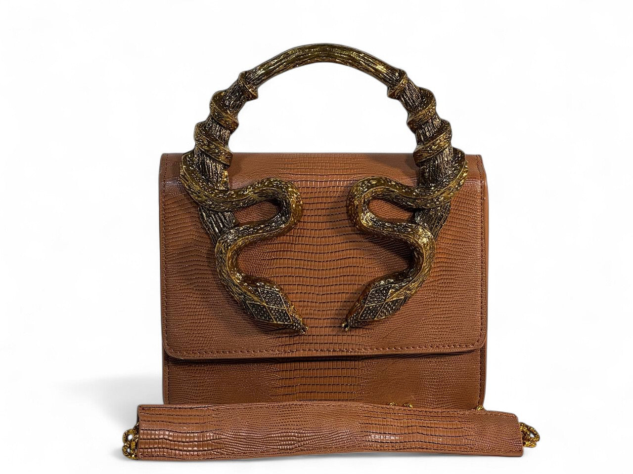 Roberto Cavalli Brown Lizard-Effect Bag with Sculpted Snake Handle 🐍✨ | Exotic Italian Luxury