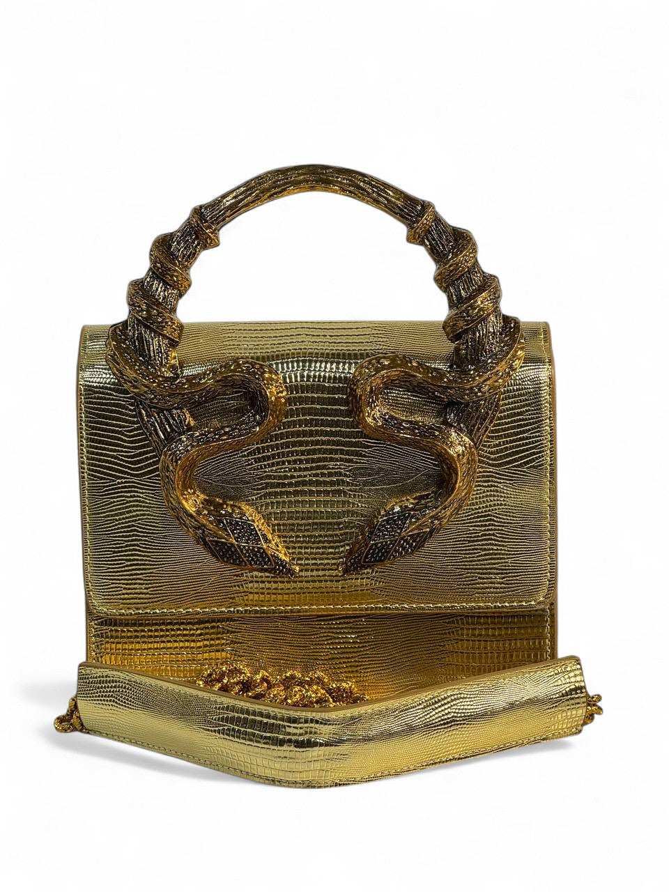 Roberto Cavalli Gold Lizard-Effect Bag with Sculpted Snake Handle 🐍✨ | Daring Luxury & Italian Glamour