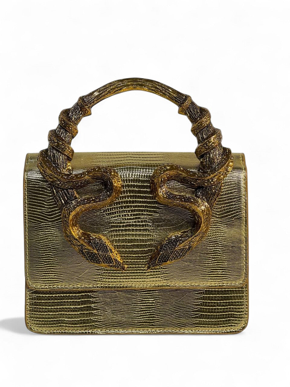 Roberto Cavalli Gold Lizard-Effect Bag with Sculpted Snake Handle 🐍✨ | Daring Luxury & Italian Glamour