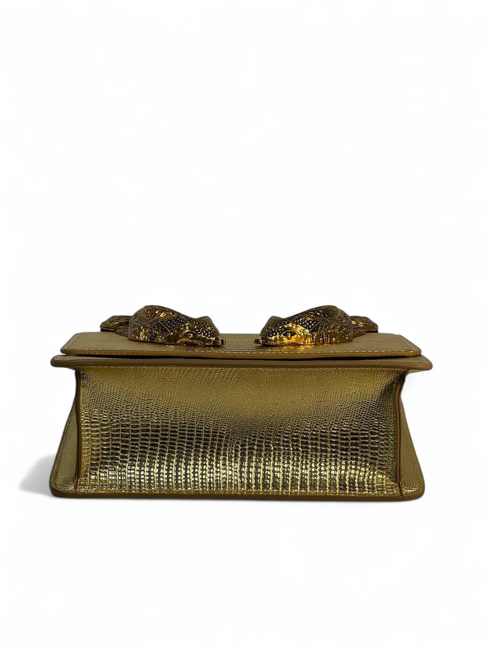 Roberto Cavalli Gold Lizard-Effect Bag with Sculpted Snake Handle 🐍✨ | Daring Luxury & Italian Glamour