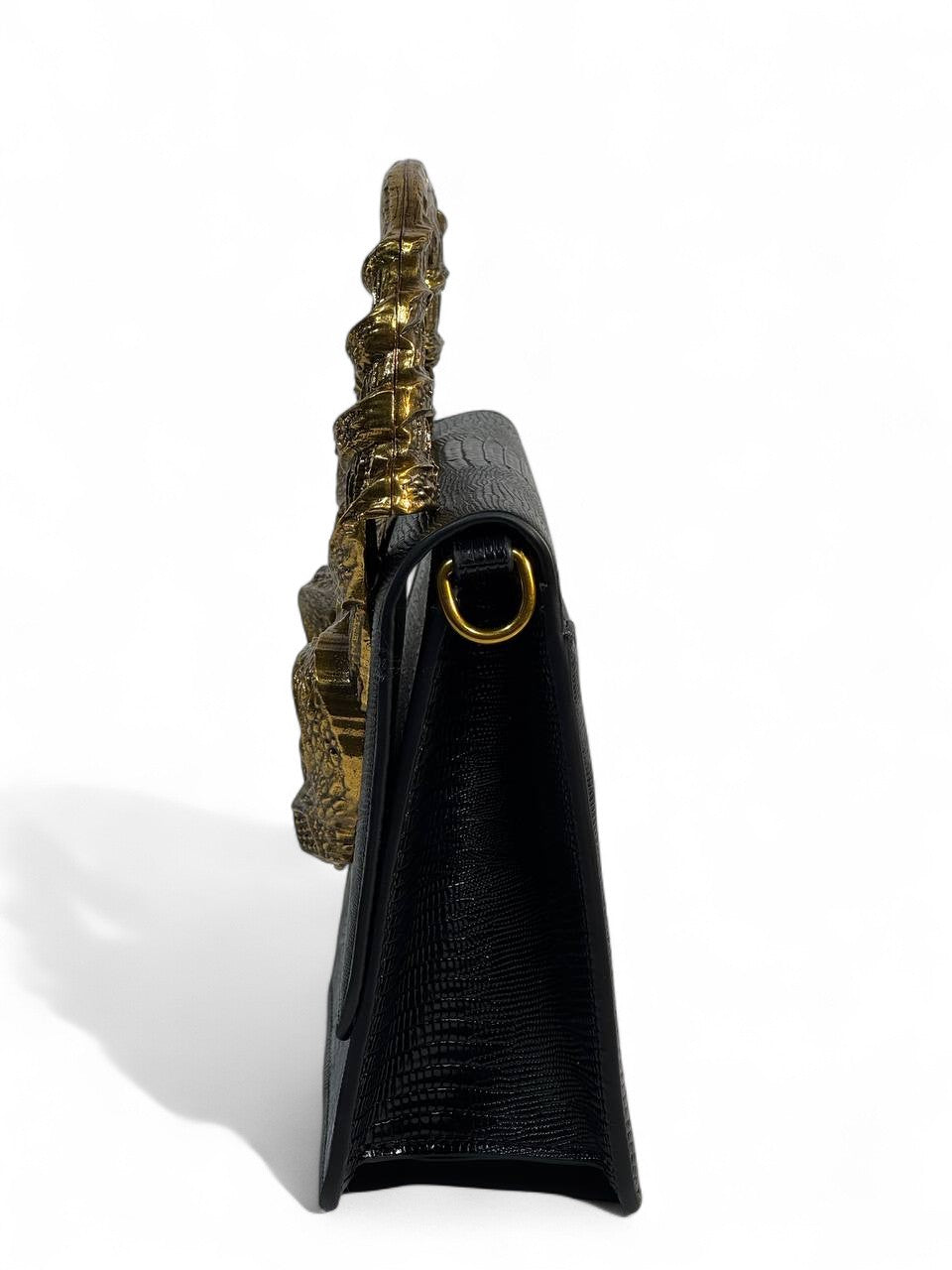 Roberto Cavalli Black Lizard-Effect Bag with Sculpted Snake Handle 🐍🖤 | Bold Italian Elegance