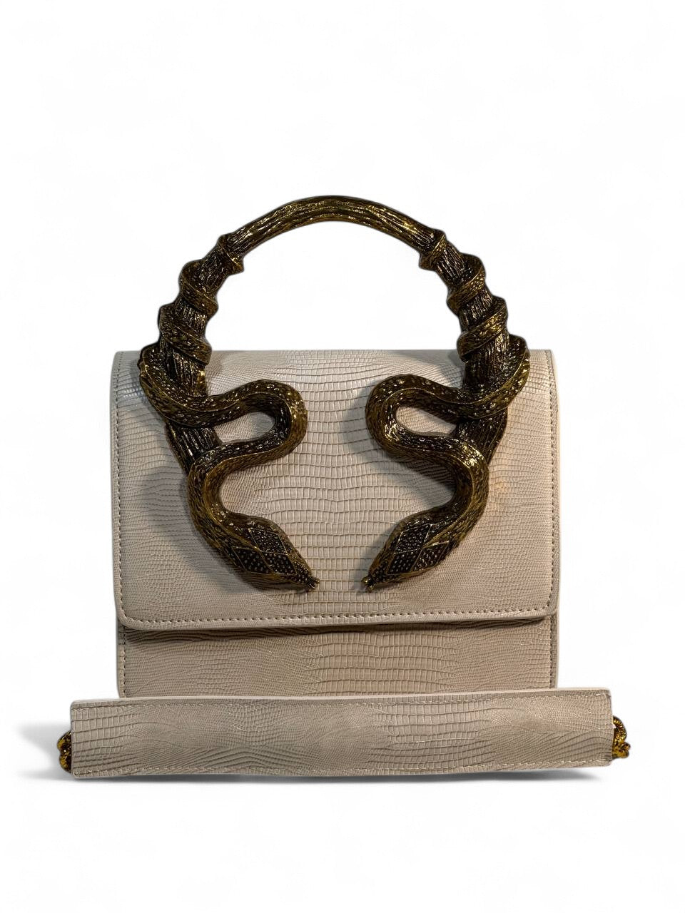 Roberto Cavalli Ivory Lizard-Effect Bag with Sculpted Snake Handle 🤍🐍 | Elegant Italian Luxury