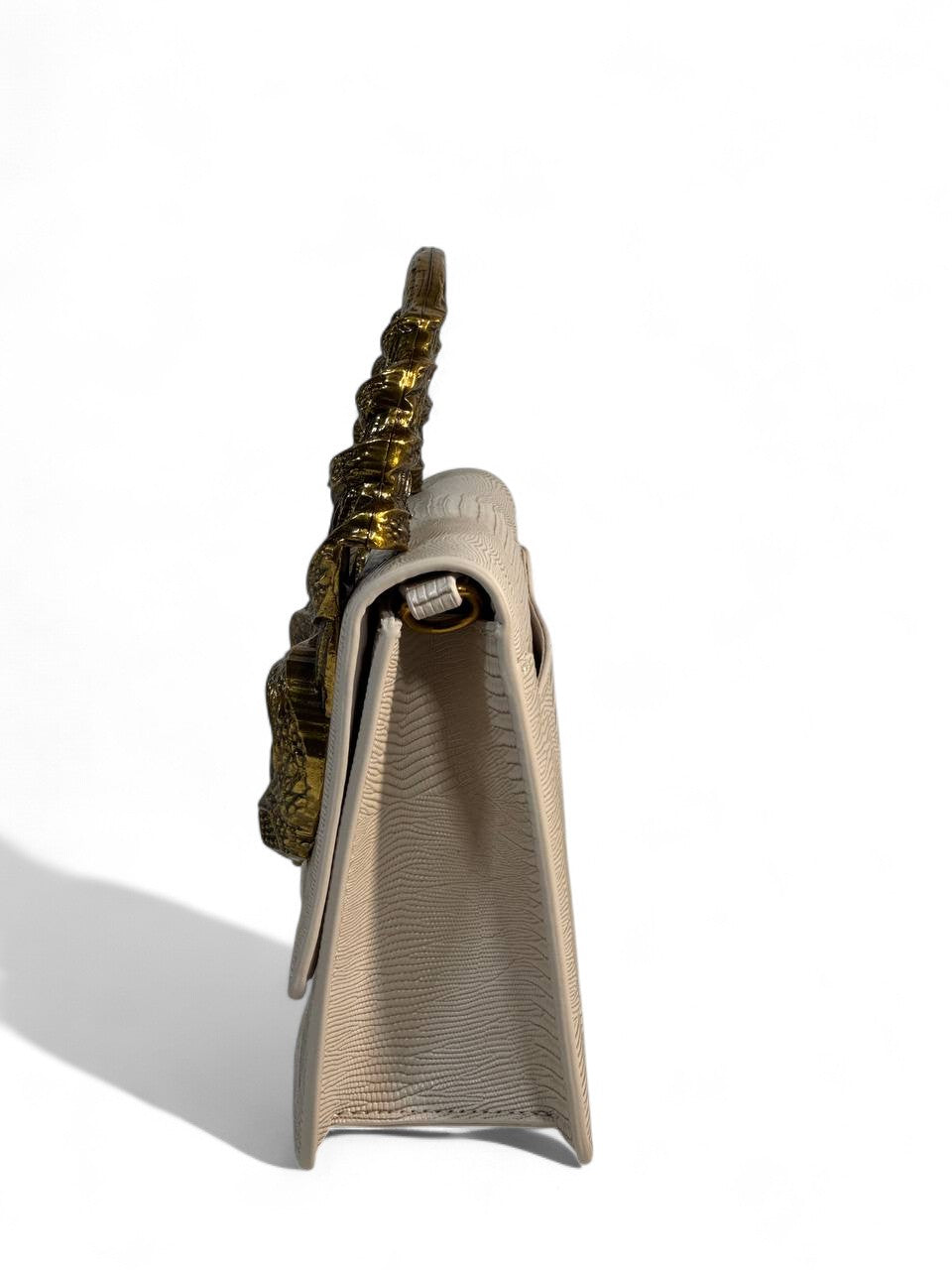 Roberto Cavalli Ivory Lizard-Effect Bag with Sculpted Snake Handle 🤍🐍 | Elegant Italian Luxury