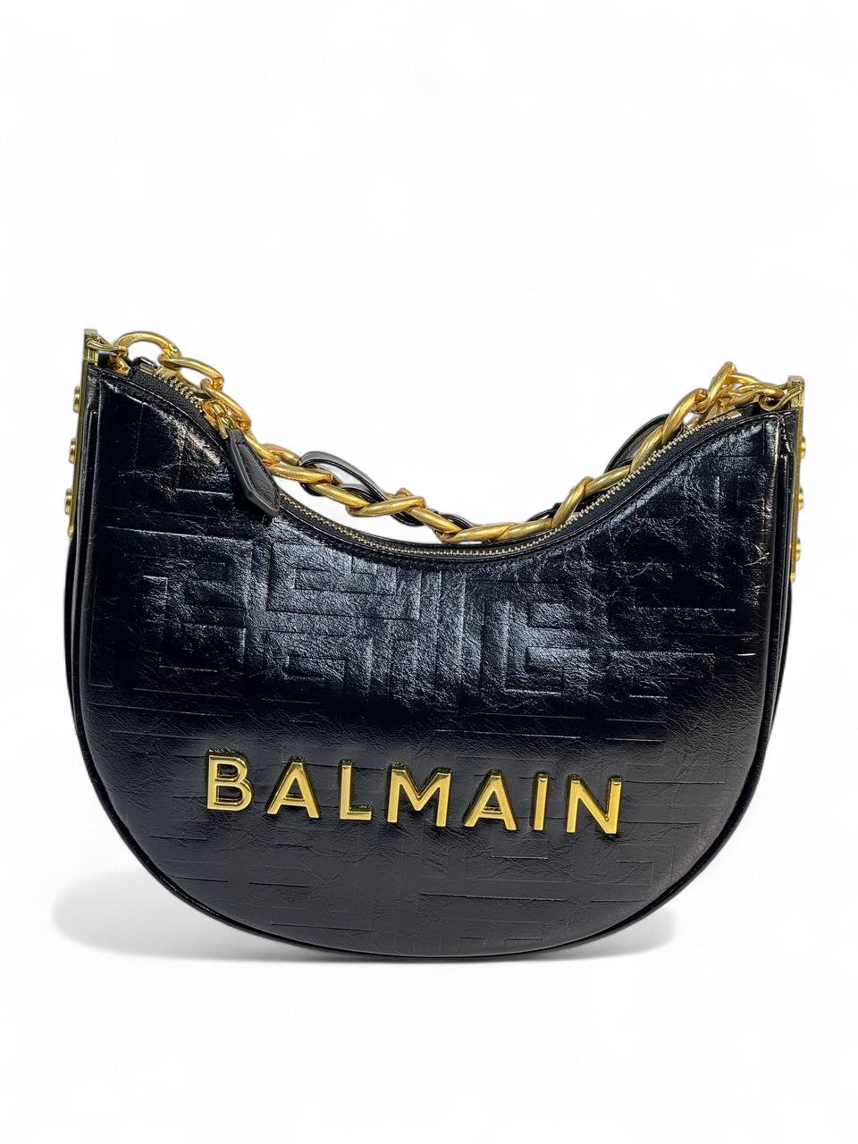 Balmain Black Embossed Shoulder Bag 🖤 | Gold Chain Designer Crescent Bag