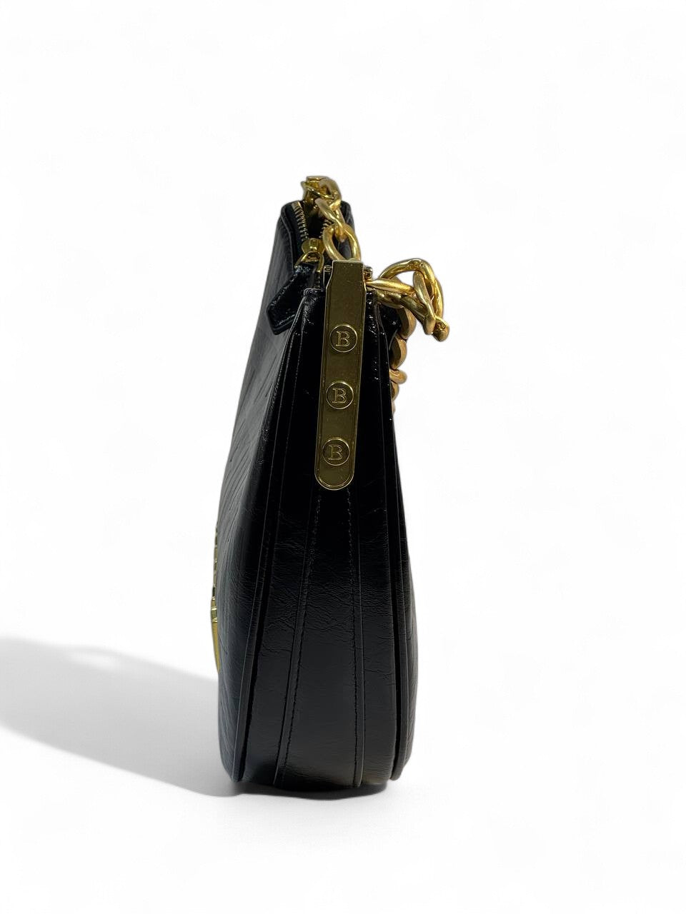 Balmain Black Embossed Shoulder Bag 🖤 | Gold Chain Designer Crescent Bag