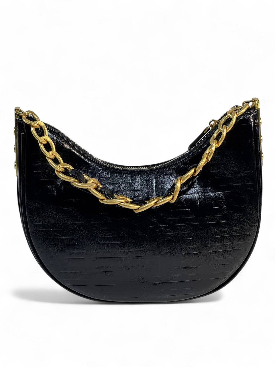 Balmain Black Embossed Shoulder Bag 🖤 | Gold Chain Designer Crescent Bag