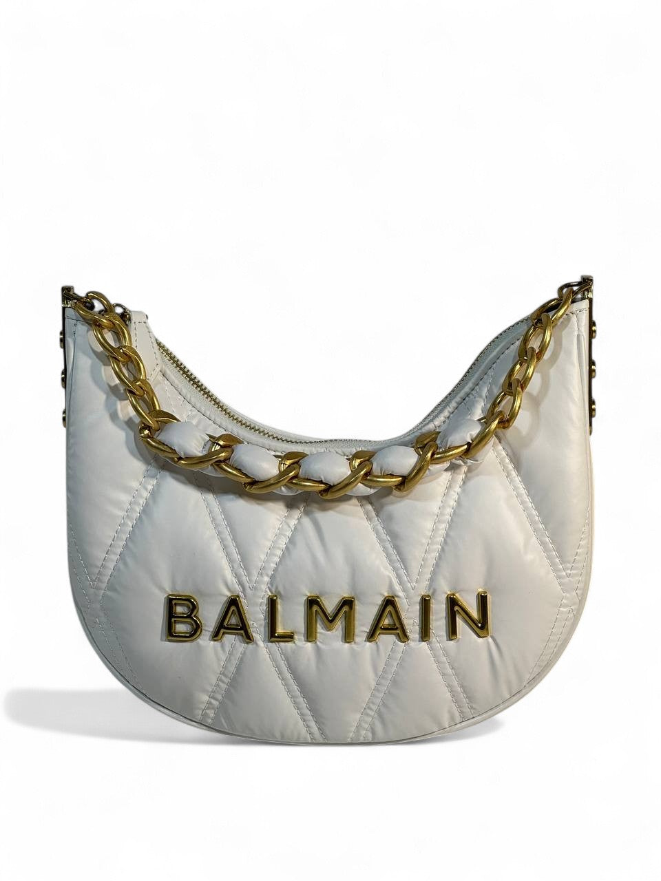 Balmain Quilted White Crescent Bag 🤍 | Gold Chain Luxury Shoulder Bag