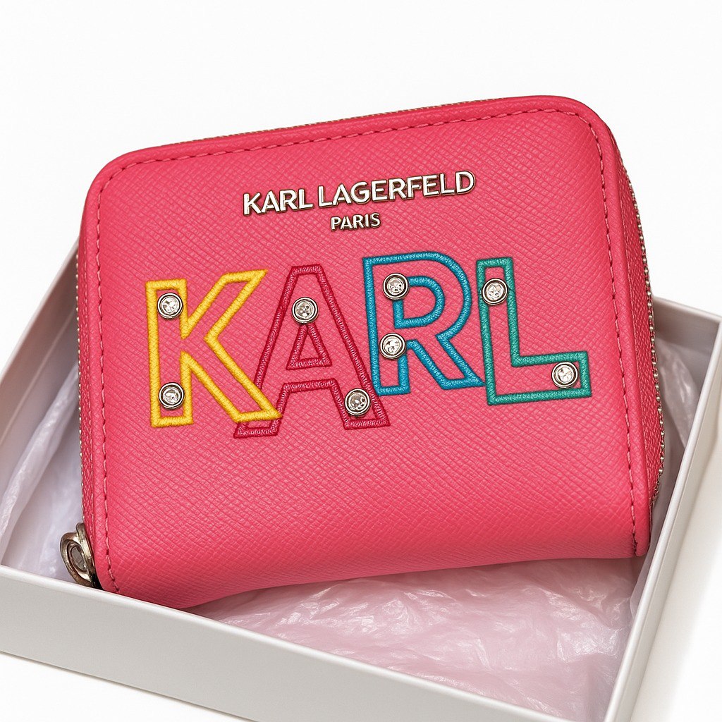 Karl Lagerfeld Paris Embroidered Rhinestone Wallet – Pink with Multicolor KARL Logo