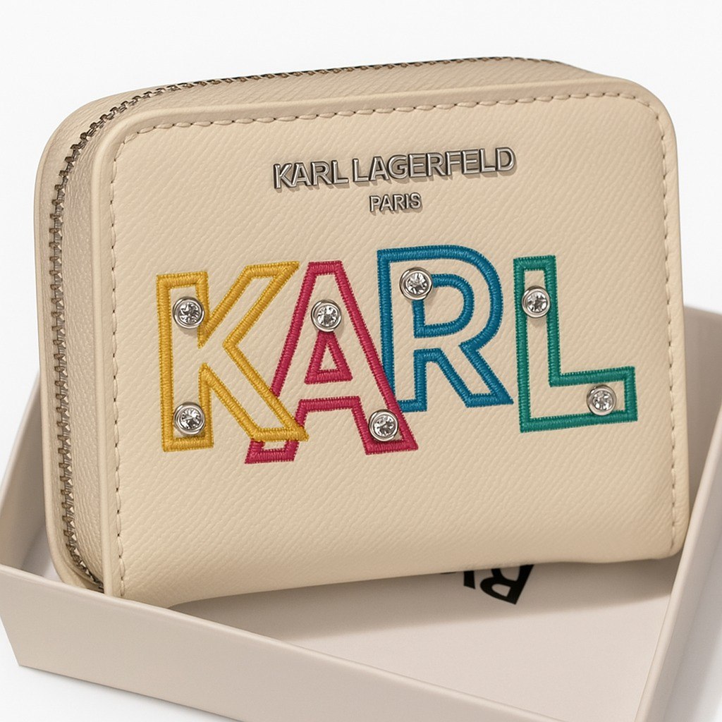 Karl Lagerfeld Paris Embroidered Rhinestone Wallet – White with Multicolor KARL Logo