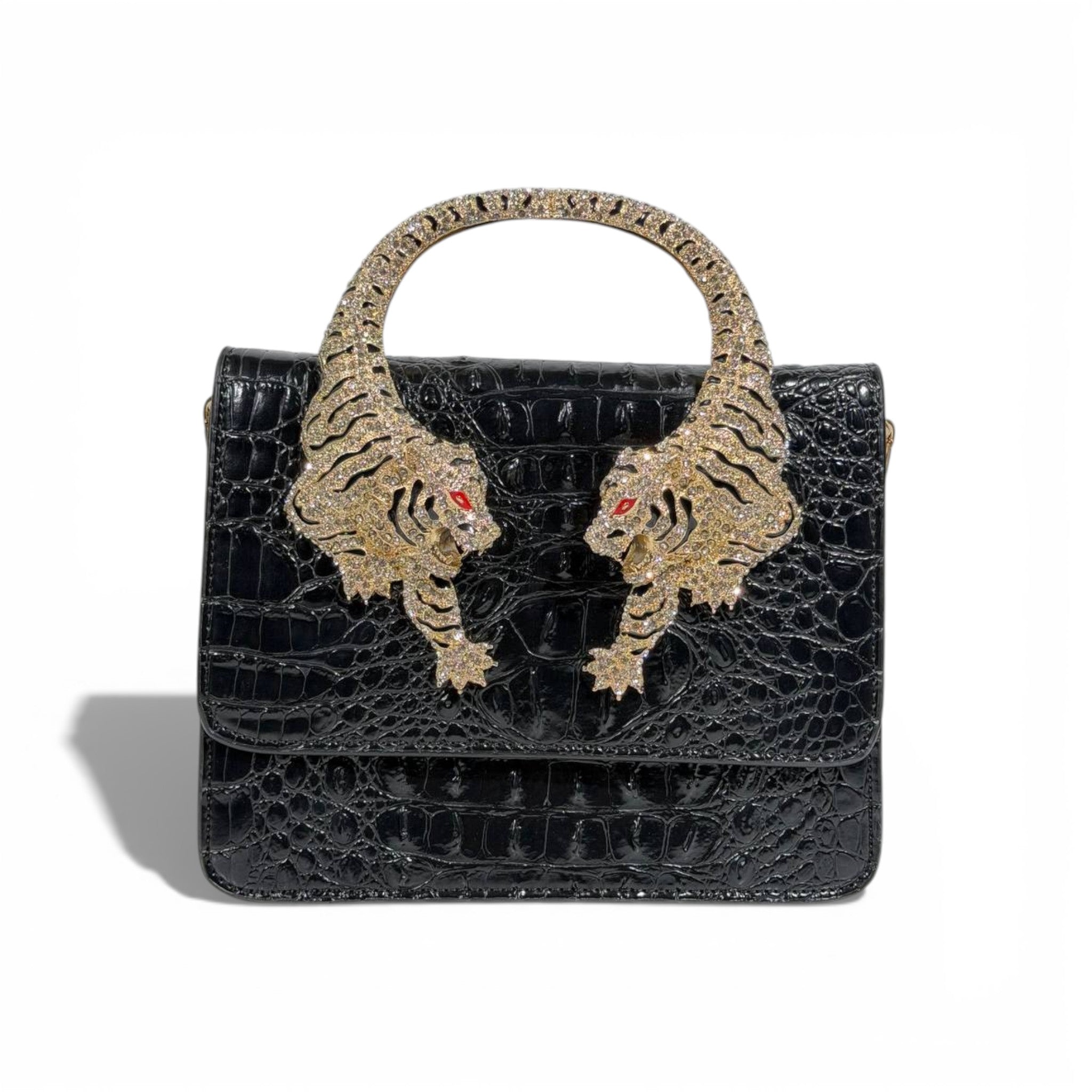 👜 Roberto Cavalli Black Crocodile-Effect Top Handle Bag with Tiger Head Handle