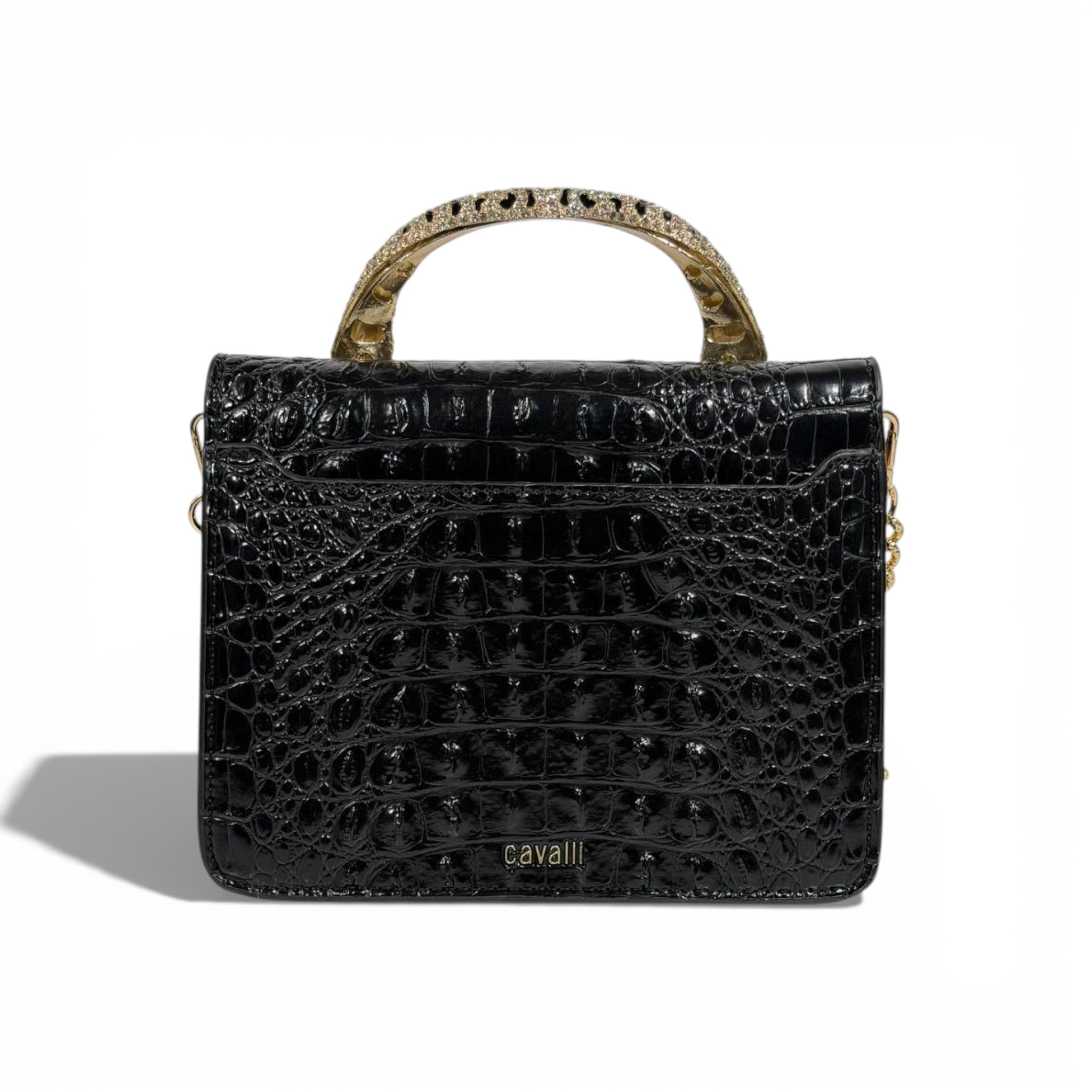 👜 Roberto Cavalli Black Crocodile-Effect Top Handle Bag with Tiger Head Handle