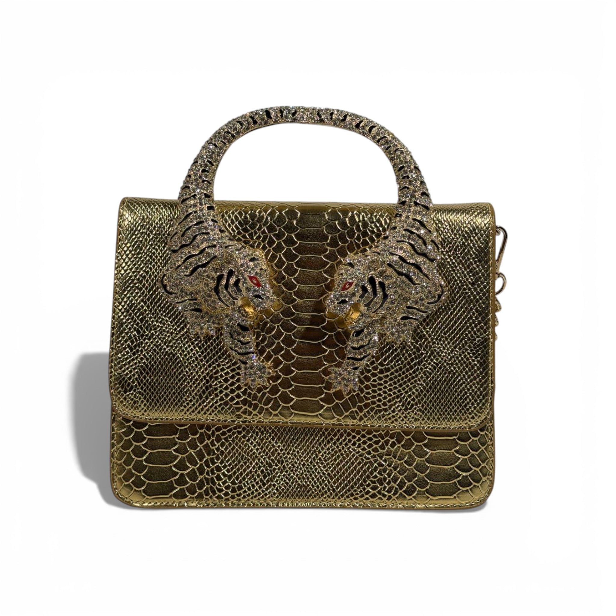 👜 Roberto Cavalli Gold Snake-Effect Top Handle Bag with Tiger Head Handle