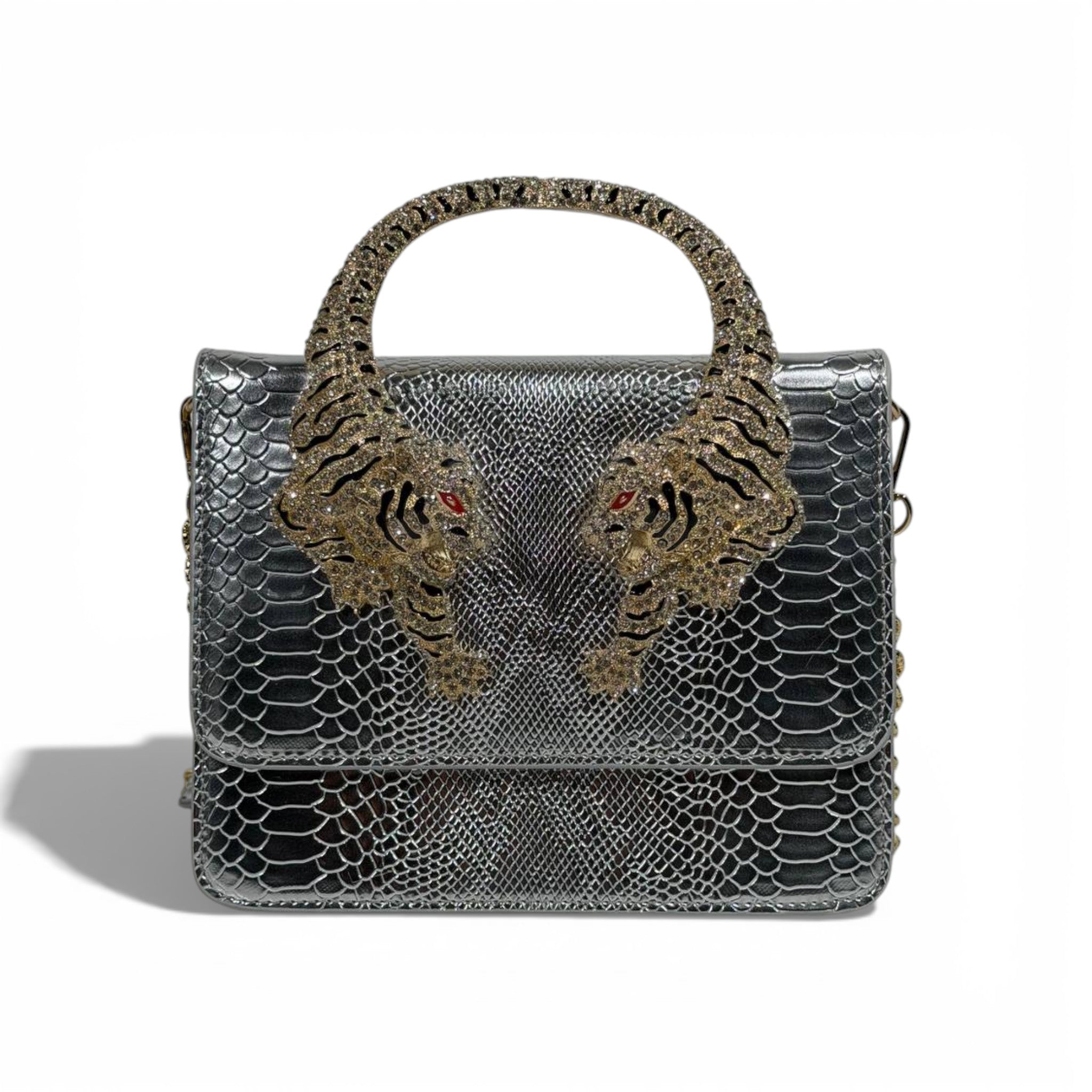 š Roberto Cavalli Silver Snake-Effect Top Handle Bag with Tiger Head Handle