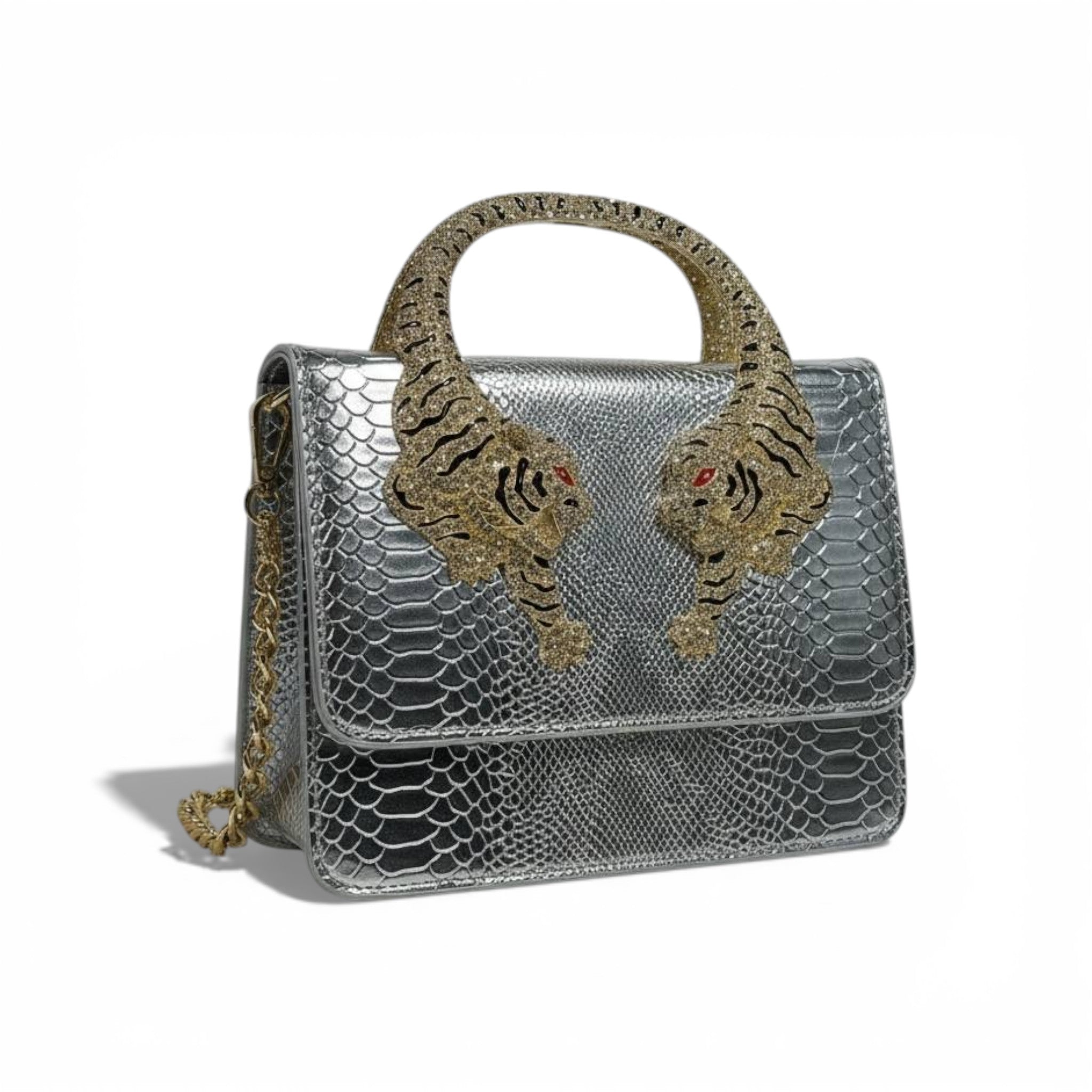 š Roberto Cavalli Silver Snake-Effect Top Handle Bag with Tiger Head Handle