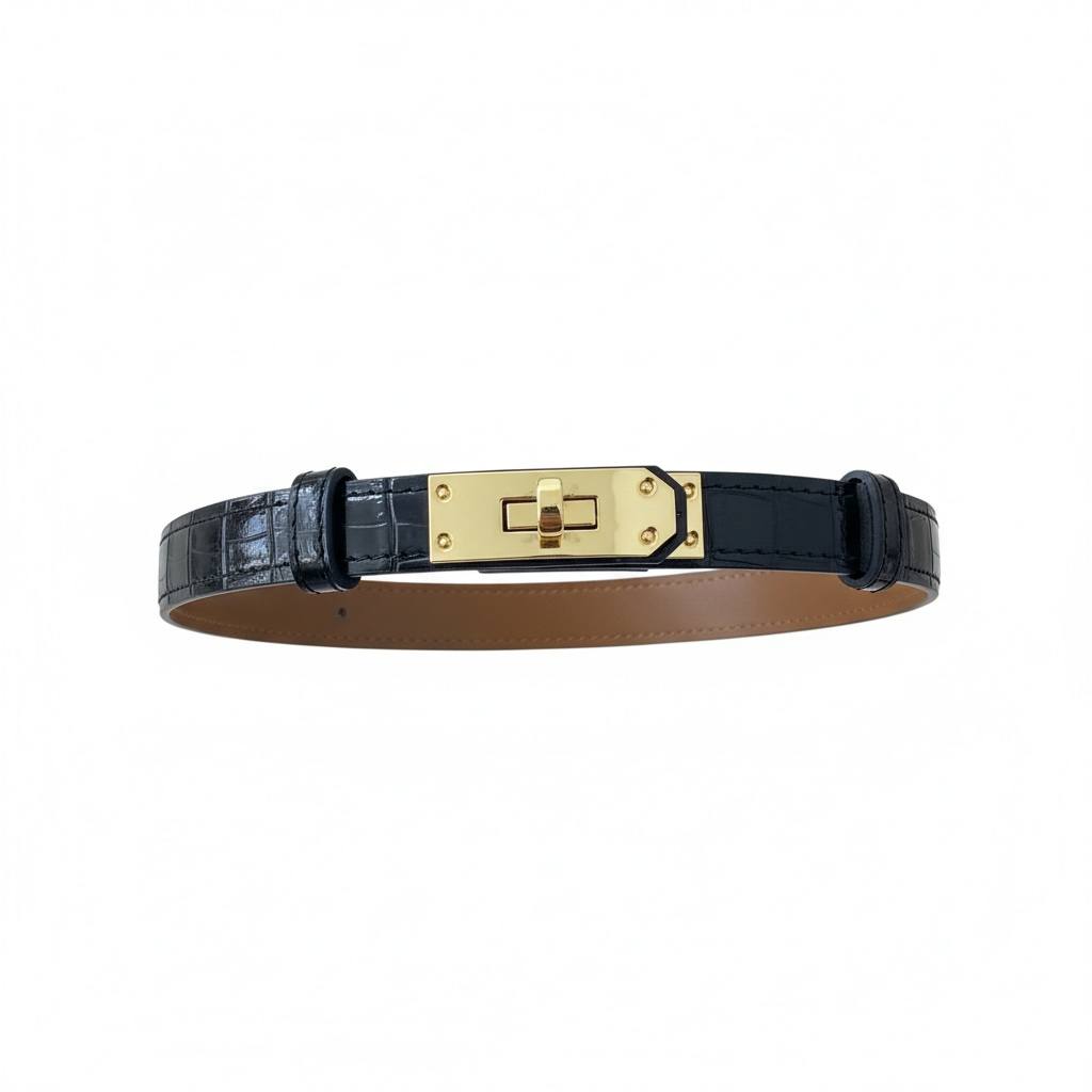 🖤 Hermès Kelly Croc-Embossed Leather Belt Bracelet – Gold Hardware