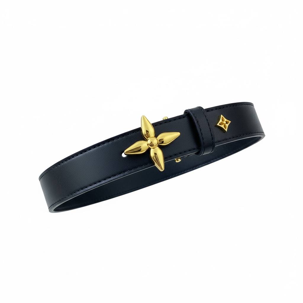 đ¤ Louis Vuitton Leather Belt â Gold Monogram Flower Detail