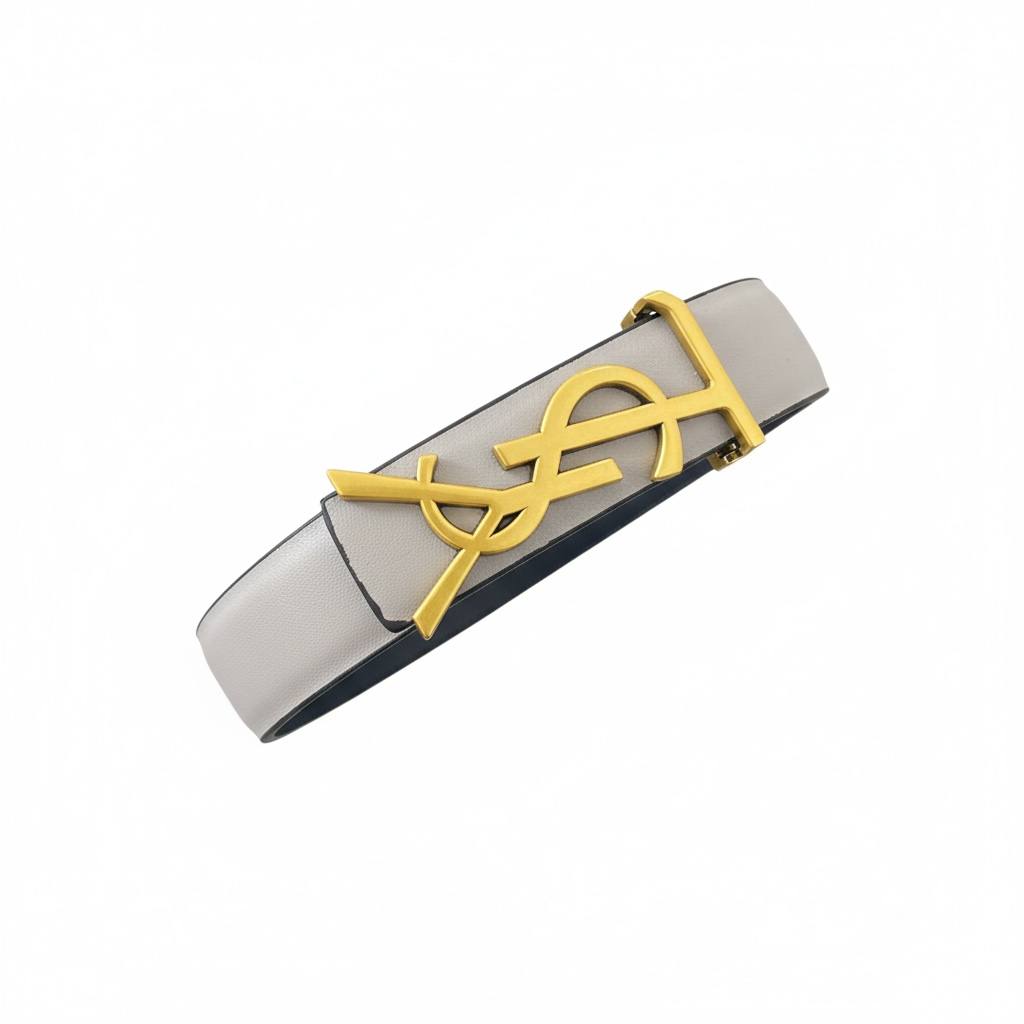 ✨ Yves Saint Laurent Grey Leather Belt with Gold Logo Buckle