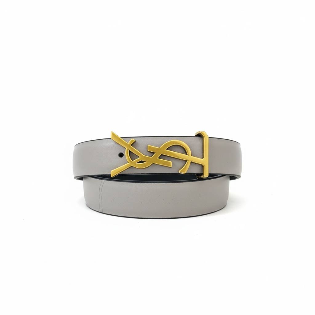 ✨ Yves Saint Laurent Grey Leather Belt with Gold Logo Buckle