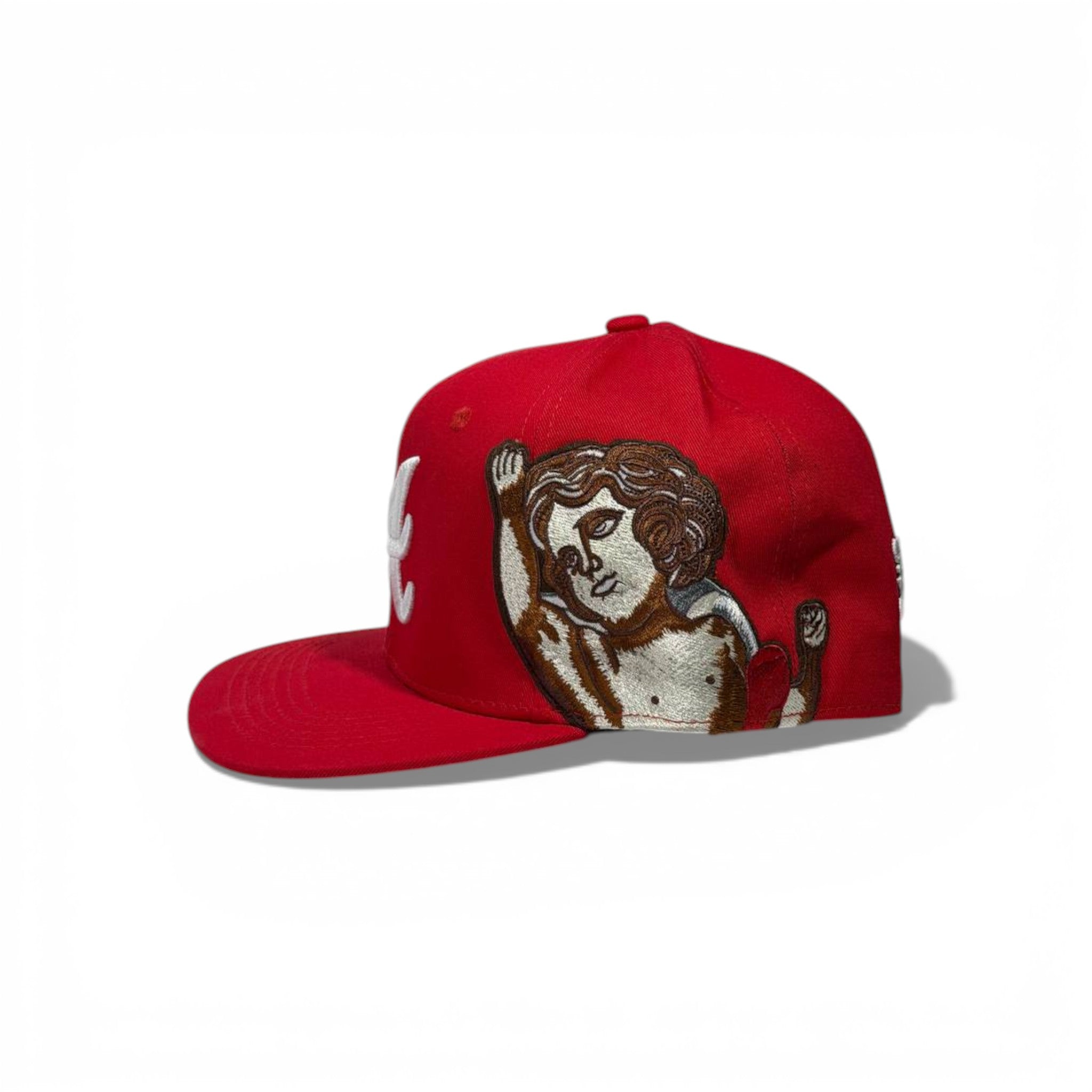 🧢 Red “A” Embroidered Snapback Cap with Angel Artwork – Flat Brim | Size 7 (55.8 CM)