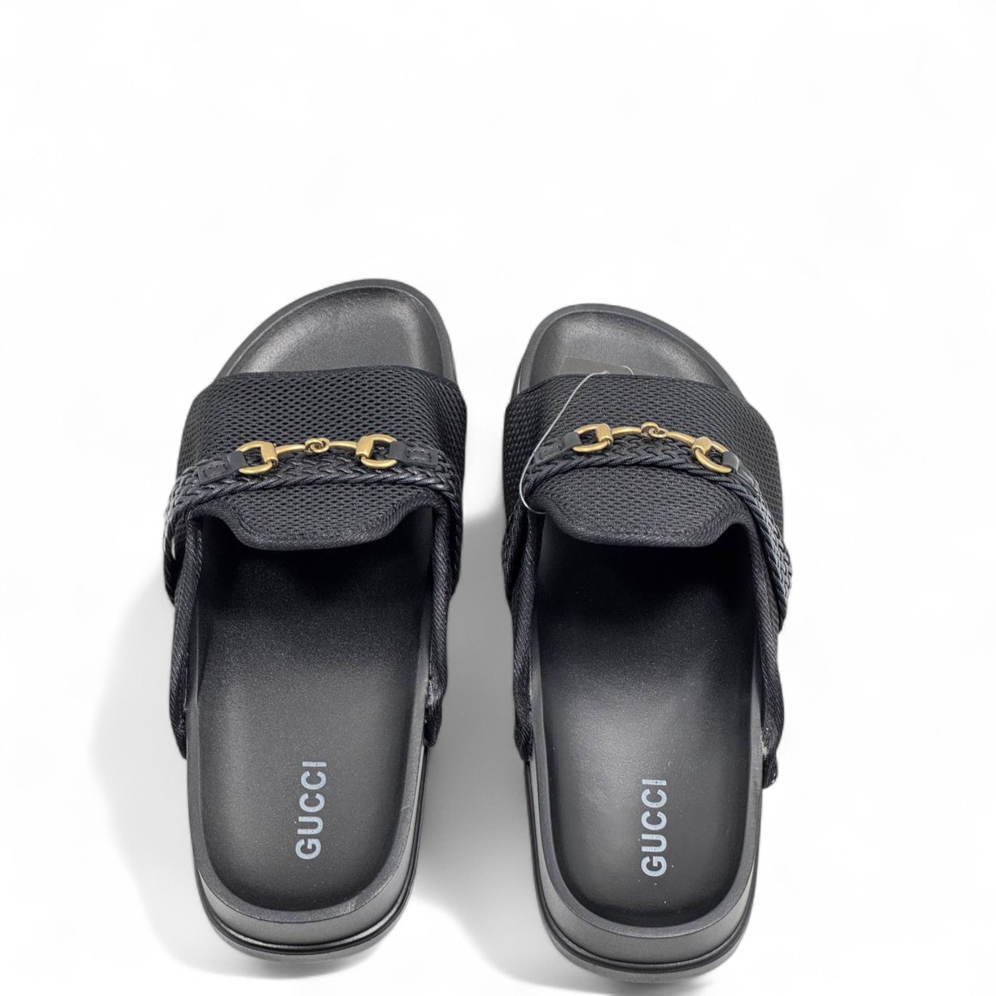 GUCCI Black Mesh Slides with Braided Strap & Gold Chain ✨ by