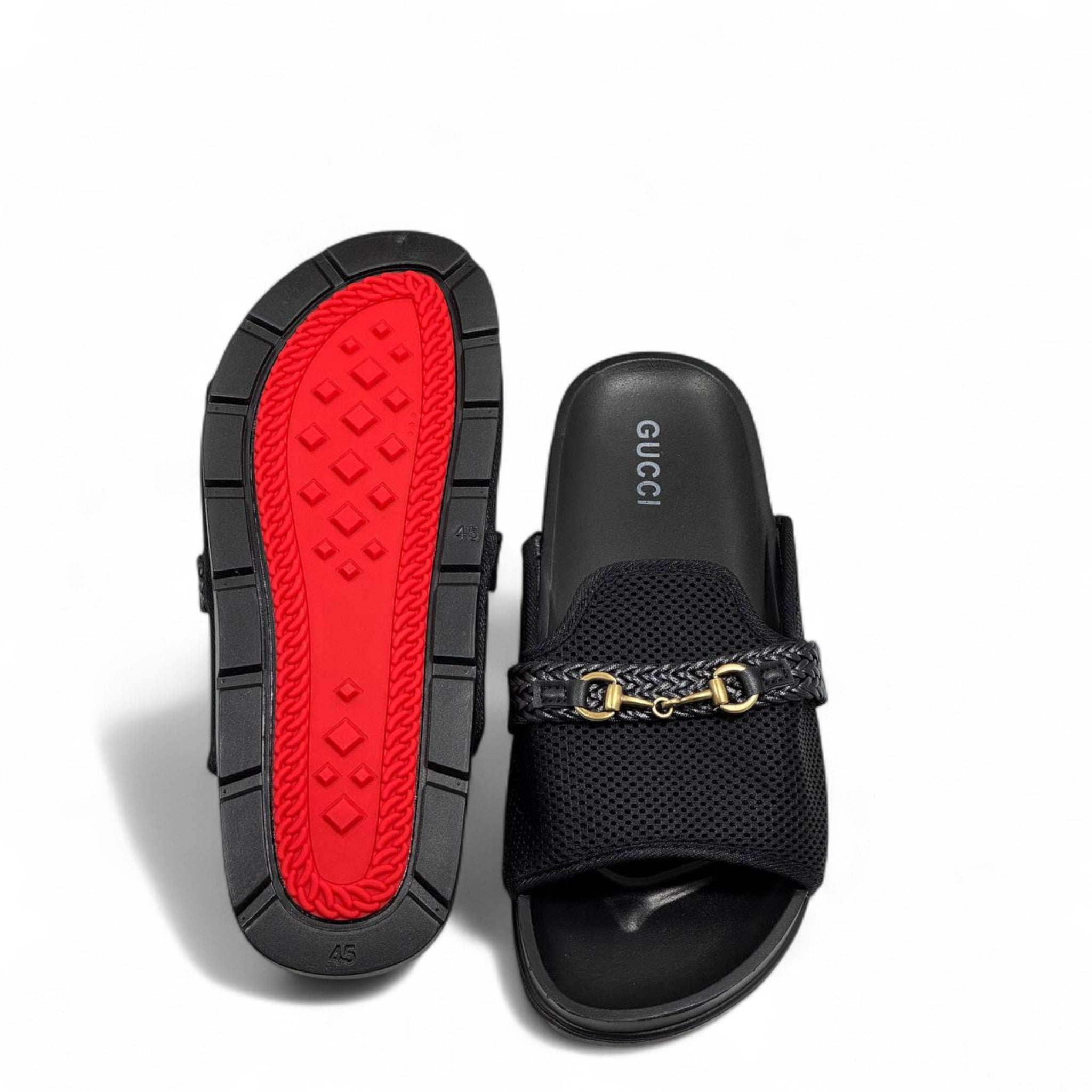 GUCCI Black Mesh Slides with Braided Strap & Gold Chain ✨ by